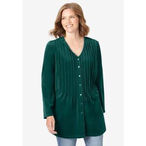Woman Within Green Knit Velour Tunic Top A-line with Pintucks Large